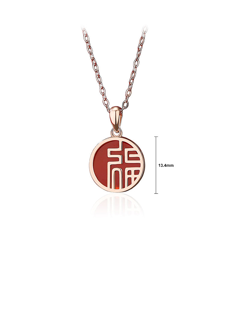 925 Sterling Silver Plated Rose Gold Simple Chinese Style Blessing Character Round Imitation Agate Pendant with Necklace