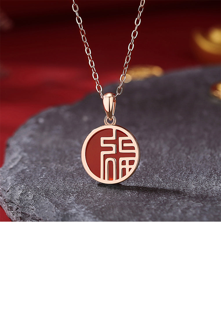 925 Sterling Silver Plated Rose Gold Simple Chinese Style Blessing Character Round Imitation Agate Pendant with Necklace