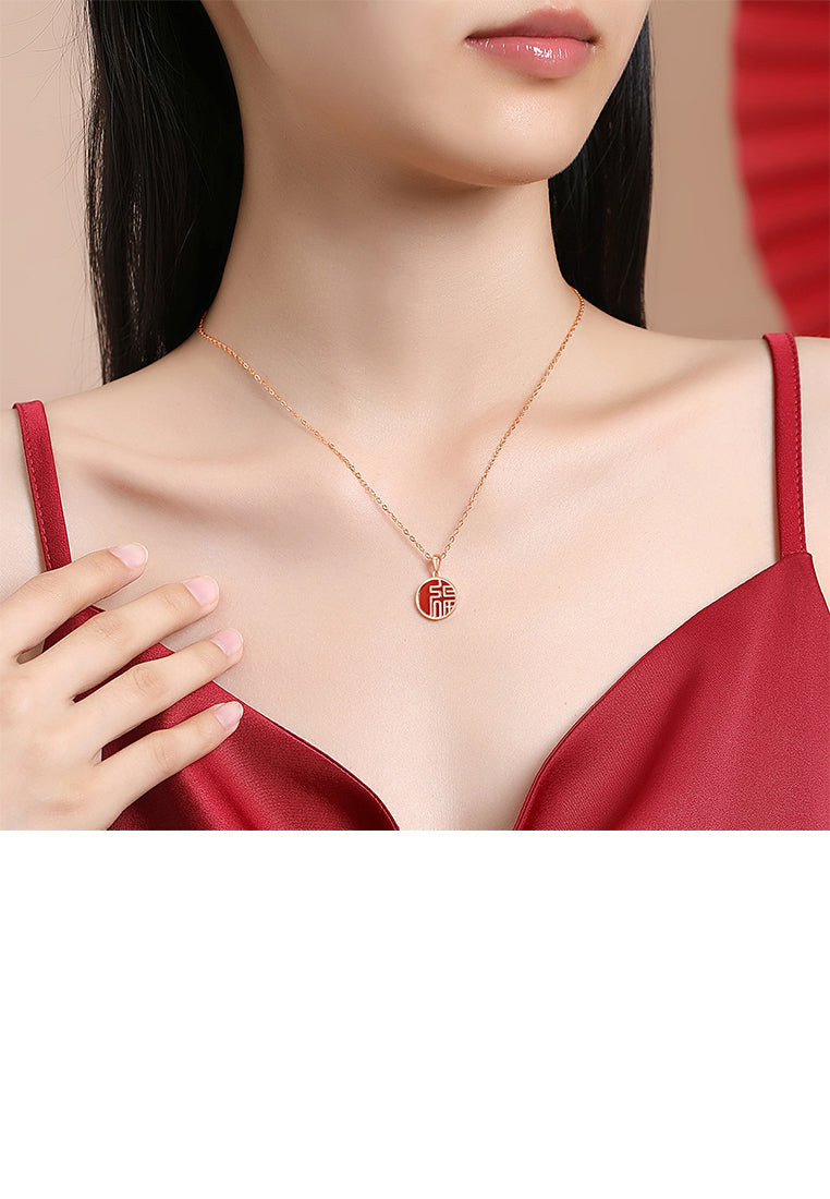 925 Sterling Silver Plated Rose Gold Simple Chinese Style Blessing Character Round Imitation Agate Pendant with Necklace
