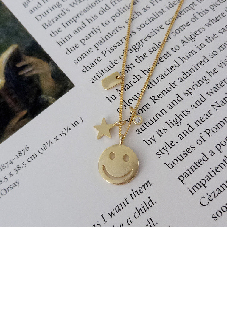 925 Sterling Silver Plated Gold Fashion Temperament Smiley Star Pendant with Cubic Zirconia and Necklace - Luxurious Look