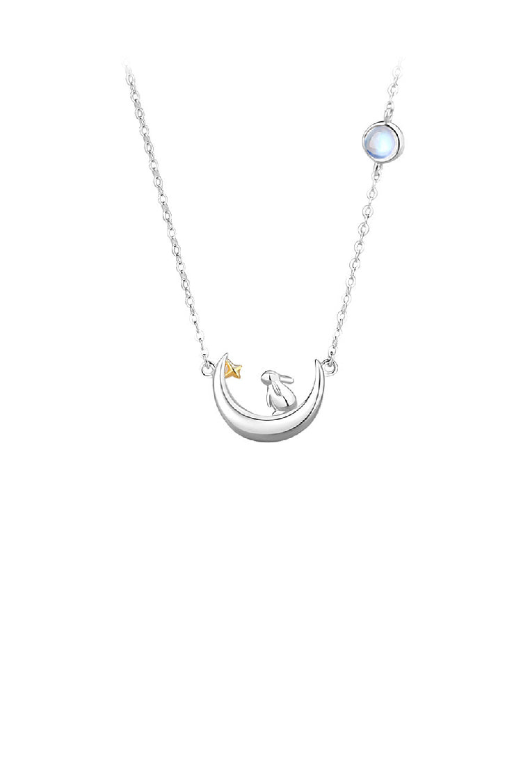 925 Sterling Silver Simple Fashion Rabbit Moon Pendant with Moonstone and Necklace
