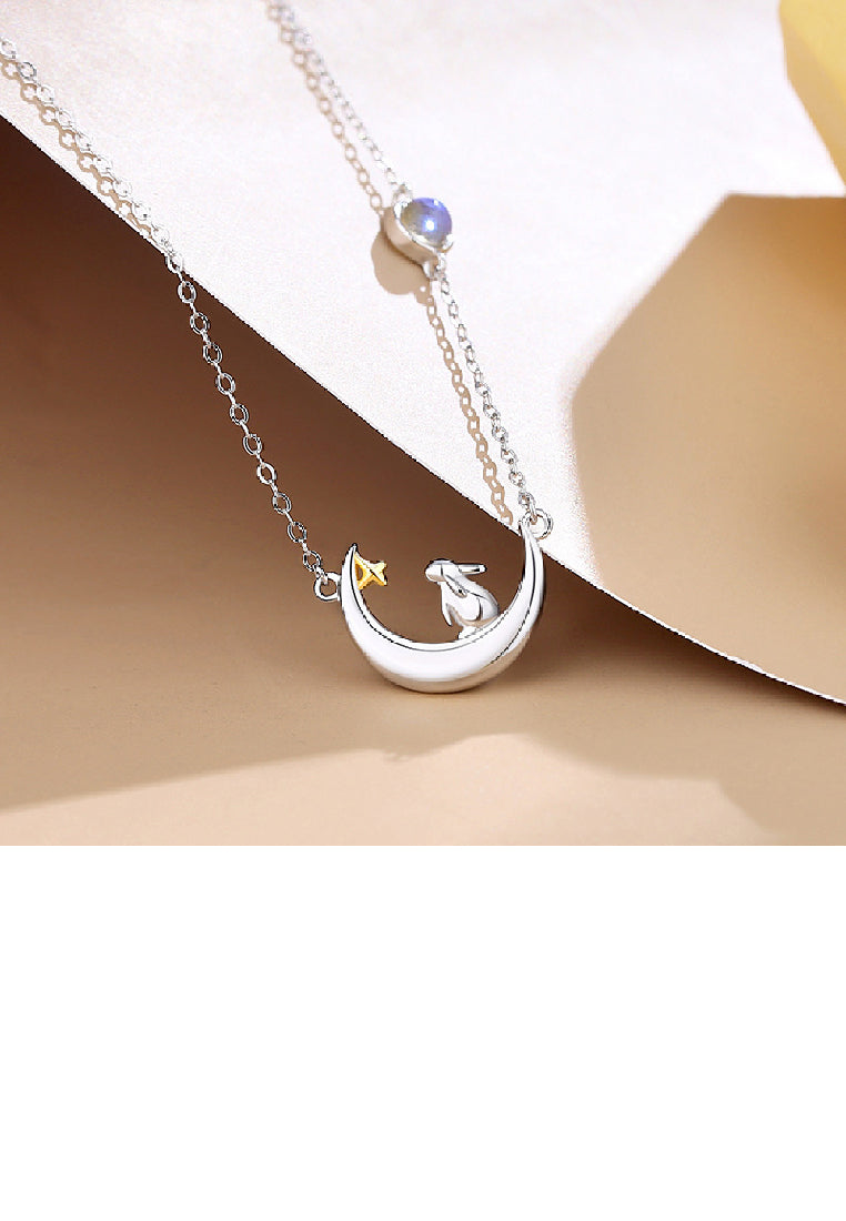 925 Sterling Silver Simple Fashion Rabbit Moon Pendant with Moonstone and Necklace
