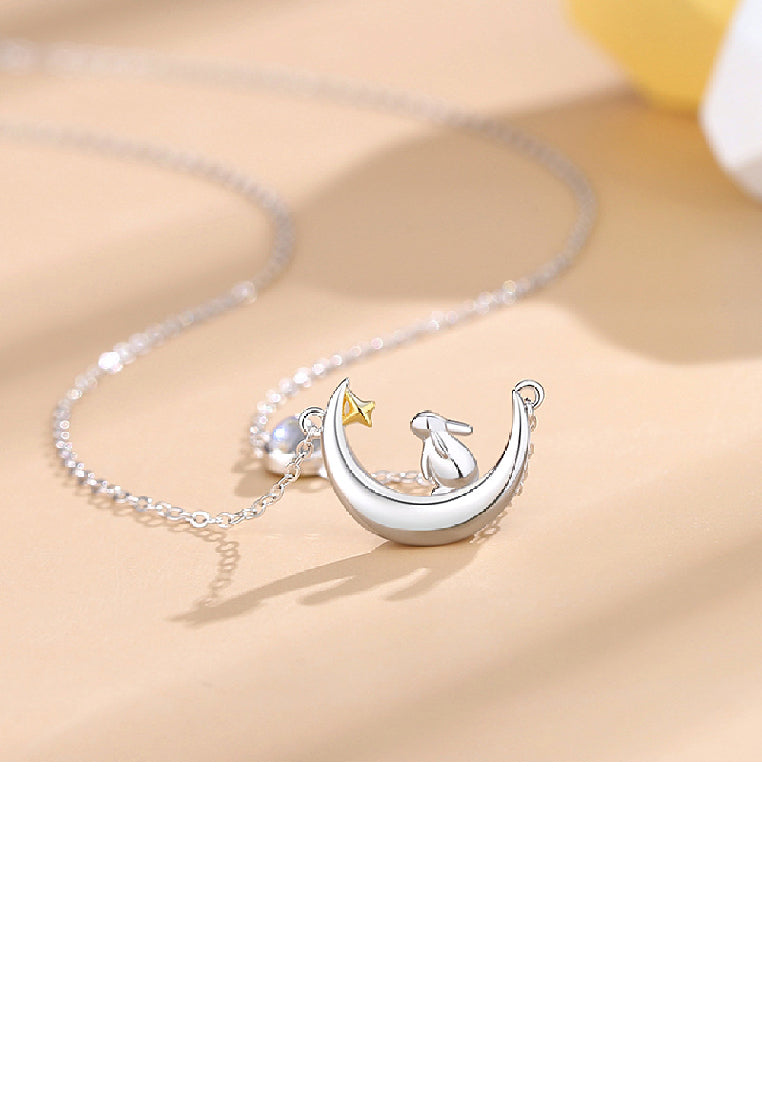 925 Sterling Silver Simple Fashion Rabbit Moon Pendant with Moonstone and Necklace