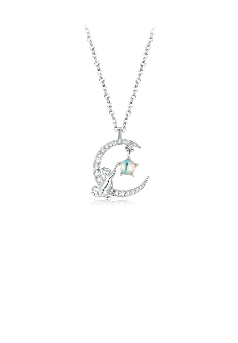 925 Sterling Silver Fashion Temperament Moon Cat Moonstone Pendant with Cubic Zirconia and Necklace - Luxurious Look