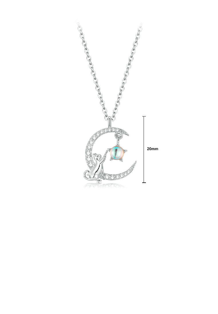 925 Sterling Silver Fashion Temperament Moon Cat Moonstone Pendant with Cubic Zirconia and Necklace - Luxurious Look