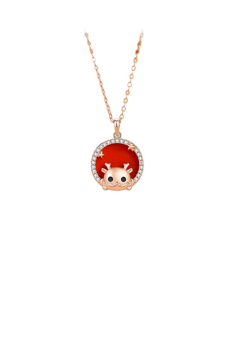 925 Sterling Silver Plated Rose Gold Fashion Cartoon Dragon Star Geometric Round Pendant with Cubic Zirconia and Necklace - Luxurious Look