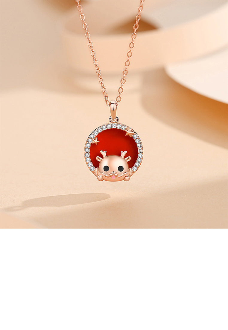 925 Sterling Silver Plated Rose Gold Fashion Cartoon Dragon Star Geometric Round Pendant with Cubic Zirconia and Necklace - Luxurious Look