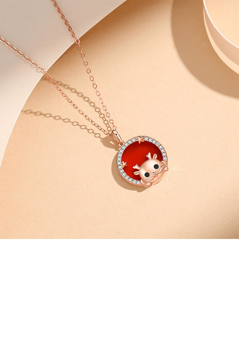 925 Sterling Silver Plated Rose Gold Fashion Cartoon Dragon Star Geometric Round Pendant with Cubic Zirconia and Necklace - Luxurious Look