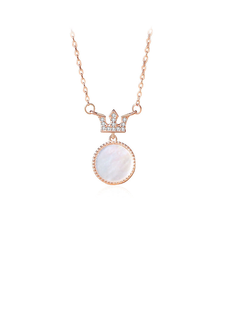 925 Sterling Silver Plated Rose Gold Fashion Simple Crown Round Pendant with Cubic Zirconia and Necklace - Luxurious Look