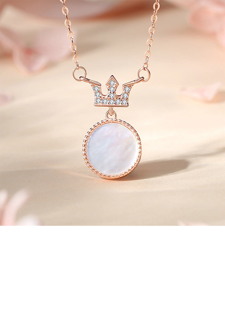925 Sterling Silver Plated Rose Gold Fashion Simple Crown Round Pendant with Cubic Zirconia and Necklace - Luxurious Look