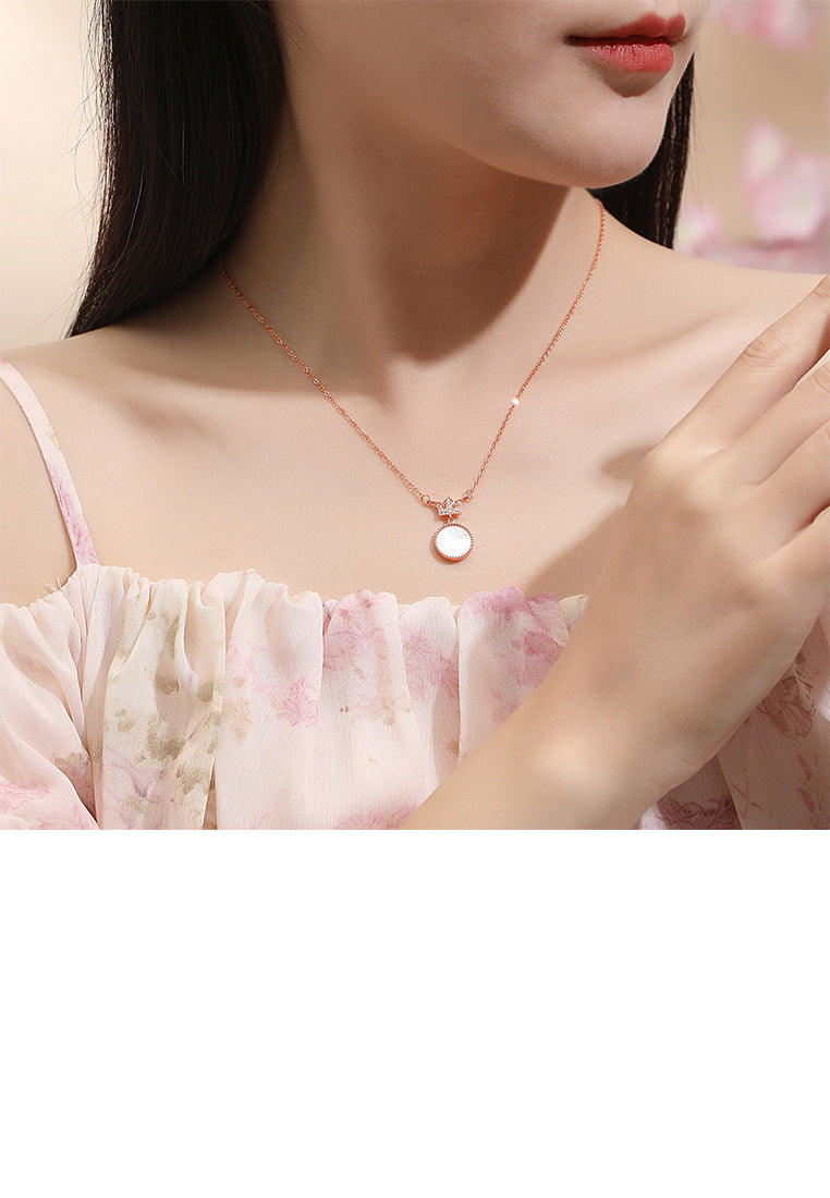 925 Sterling Silver Plated Rose Gold Fashion Simple Crown Round Pendant with Cubic Zirconia and Necklace - Luxurious Look