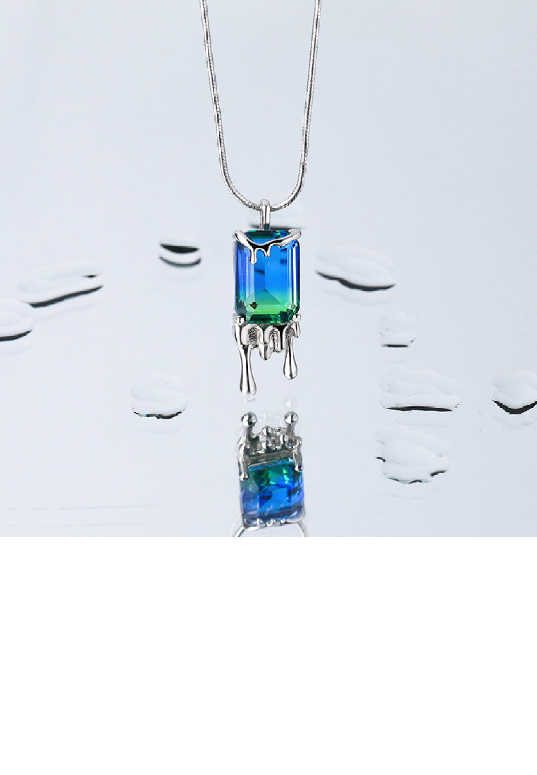 925 Sterling Silver Fashion Personality Lava Geometric Square Gradient Blue Cubic Zirconia Pendant with Necklace - Luxurious Look