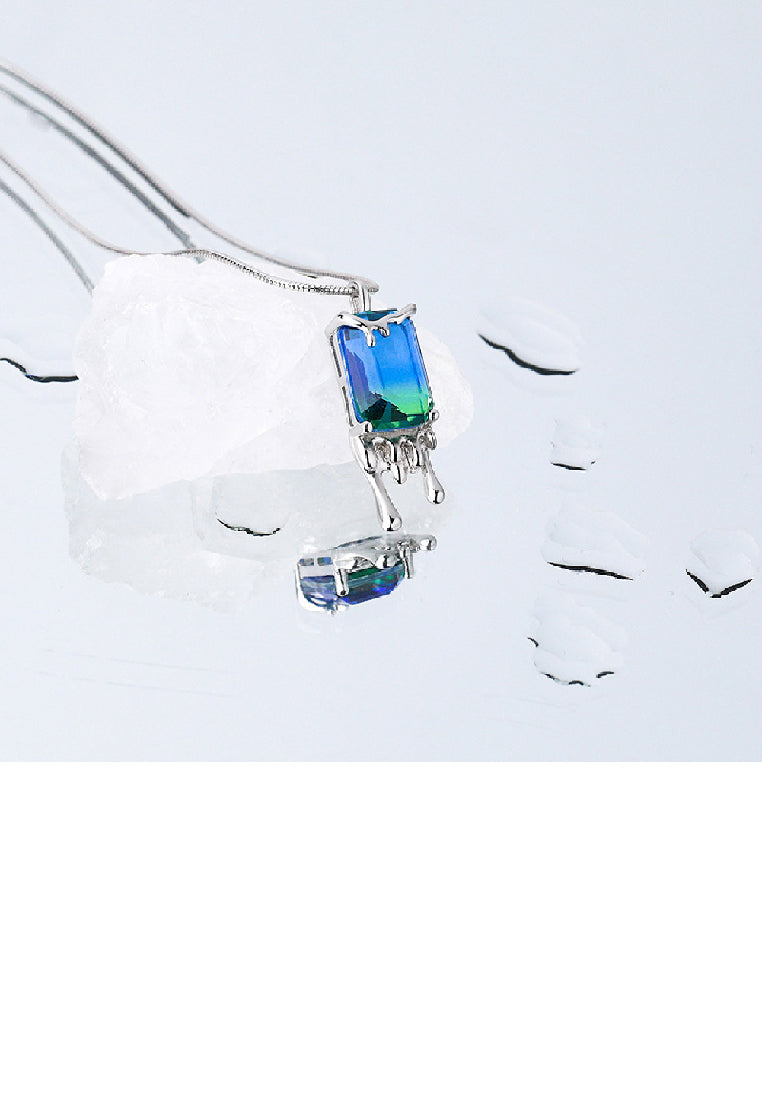 925 Sterling Silver Fashion Personality Lava Geometric Square Gradient Blue Cubic Zirconia Pendant with Necklace - Luxurious Look