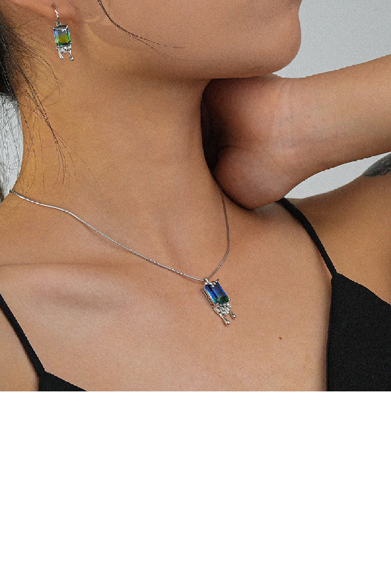 925 Sterling Silver Fashion Personality Lava Geometric Square Gradient Blue Cubic Zirconia Pendant with Necklace - Luxurious Look