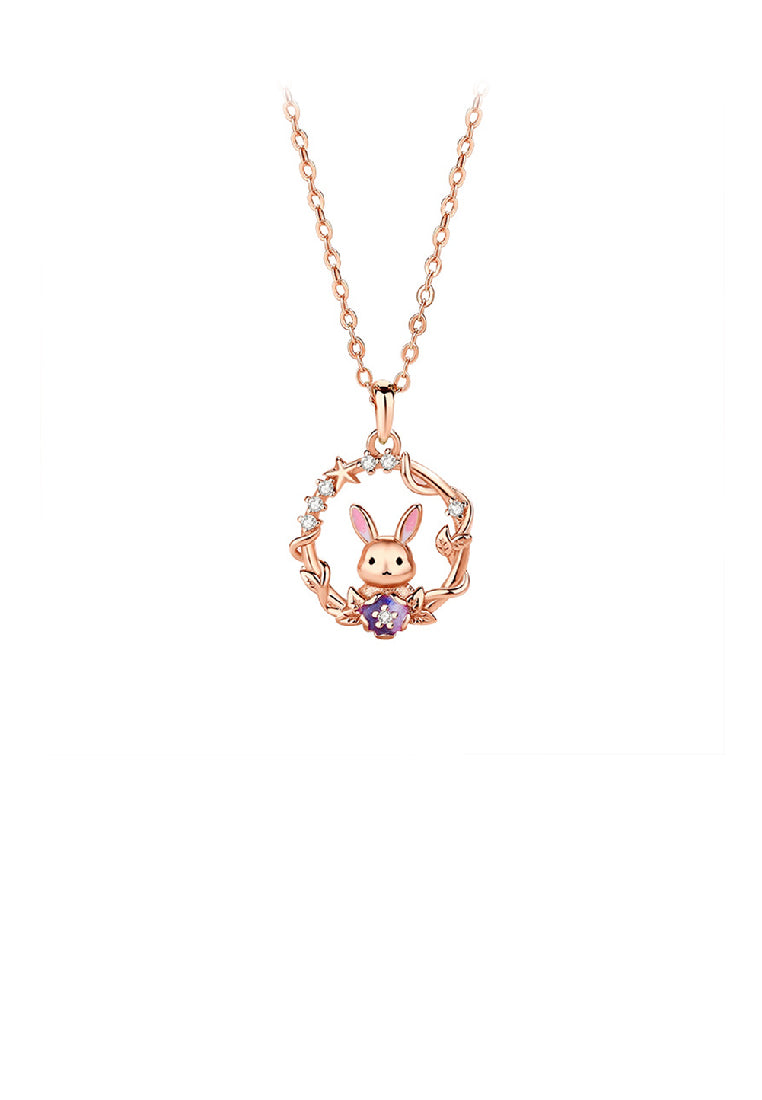 925 Sterling Silver Plated Rose Gold Fashion Creative Rabbit Wreath Pendant with Cubic Zirconia and Necklace - Luxurious Look