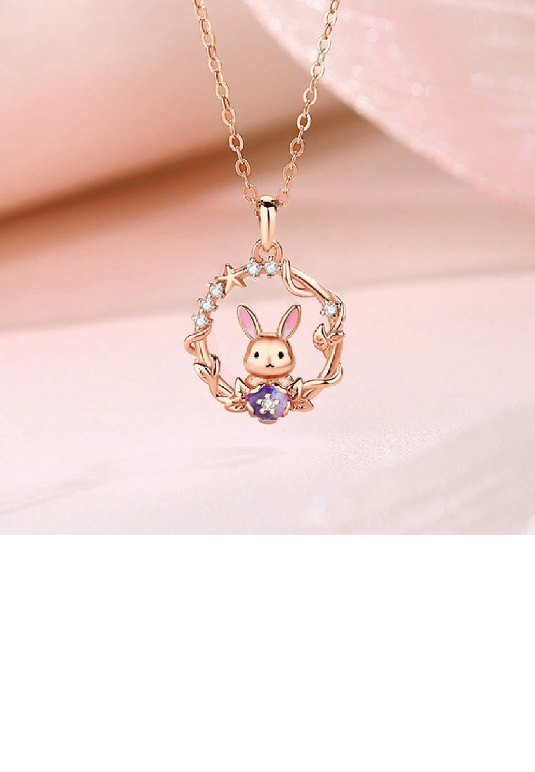 925 Sterling Silver Plated Rose Gold Fashion Creative Rabbit Wreath Pendant with Cubic Zirconia and Necklace - Luxurious Look
