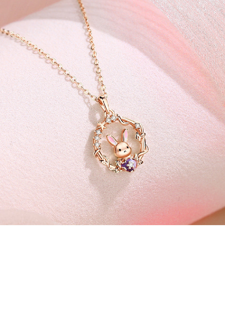 925 Sterling Silver Plated Rose Gold Fashion Creative Rabbit Wreath Pendant with Cubic Zirconia and Necklace - Luxurious Look