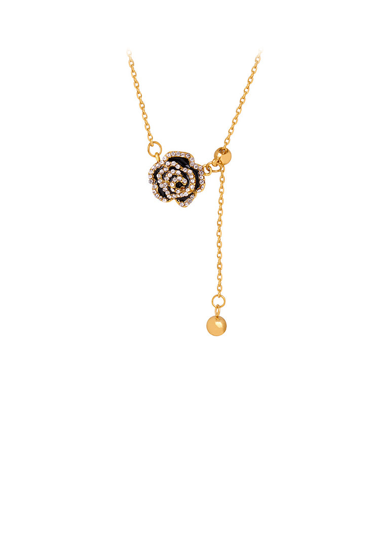 Fashion and Temperament Plated Gold 316L Stainless Steel Enamel Rose Pendant with Cubic Zirconia and Necklace - Luxurious Look
