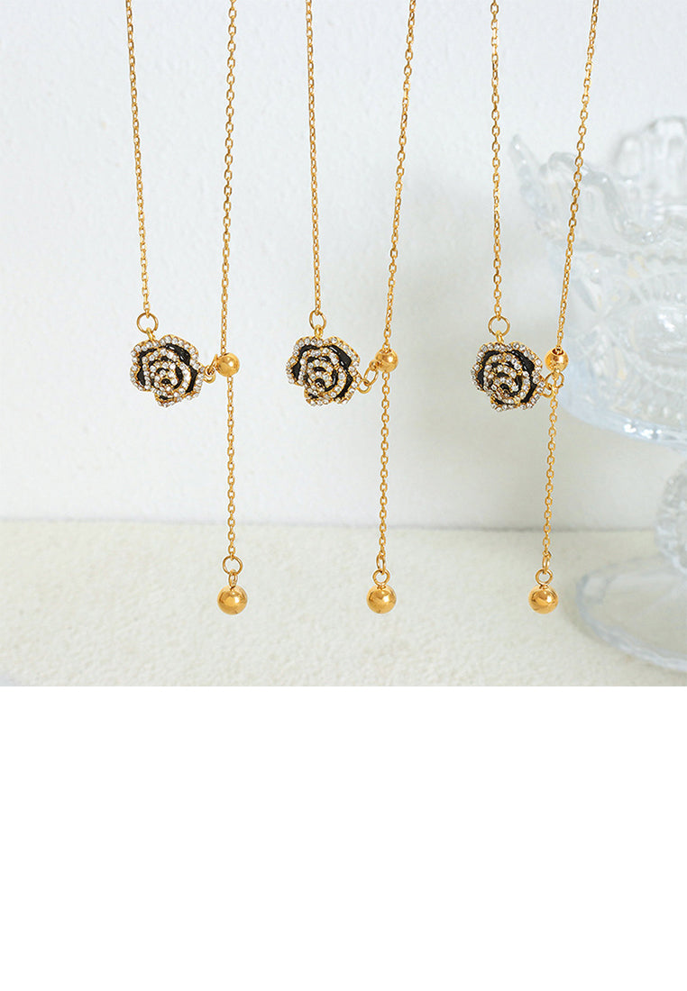 Fashion and Temperament Plated Gold 316L Stainless Steel Enamel Rose Pendant with Cubic Zirconia and Necklace - Luxurious Look