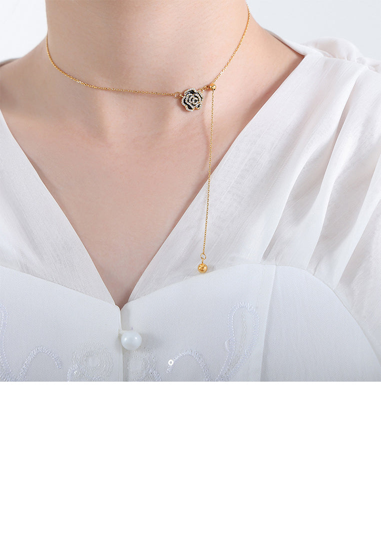 Fashion and Temperament Plated Gold 316L Stainless Steel Enamel Rose Pendant with Cubic Zirconia and Necklace - Luxurious Look