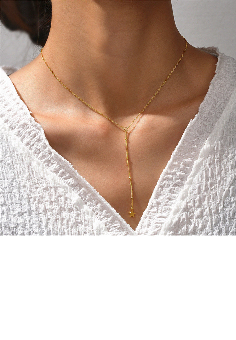 925 Sterling Silver Plated Gold Simple Fashion Star Tassel Pendant with Necklace
