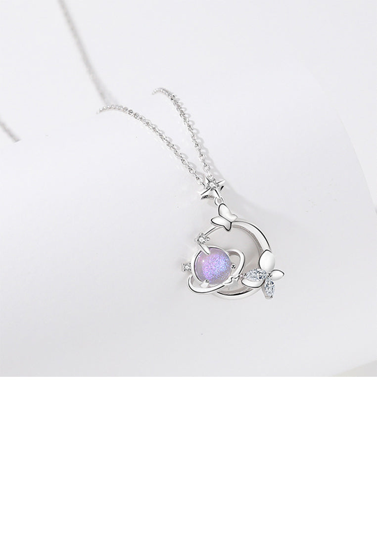 925 Sterling Silver Fashion Creative Purple Planet Butterfly Pendant with Cubic Zirconia and Necklace - Luxurious Look