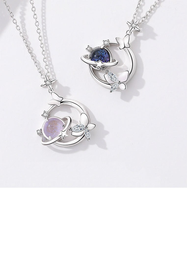 925 Sterling Silver Fashion Creative Purple Planet Butterfly Pendant with Cubic Zirconia and Necklace - Luxurious Look