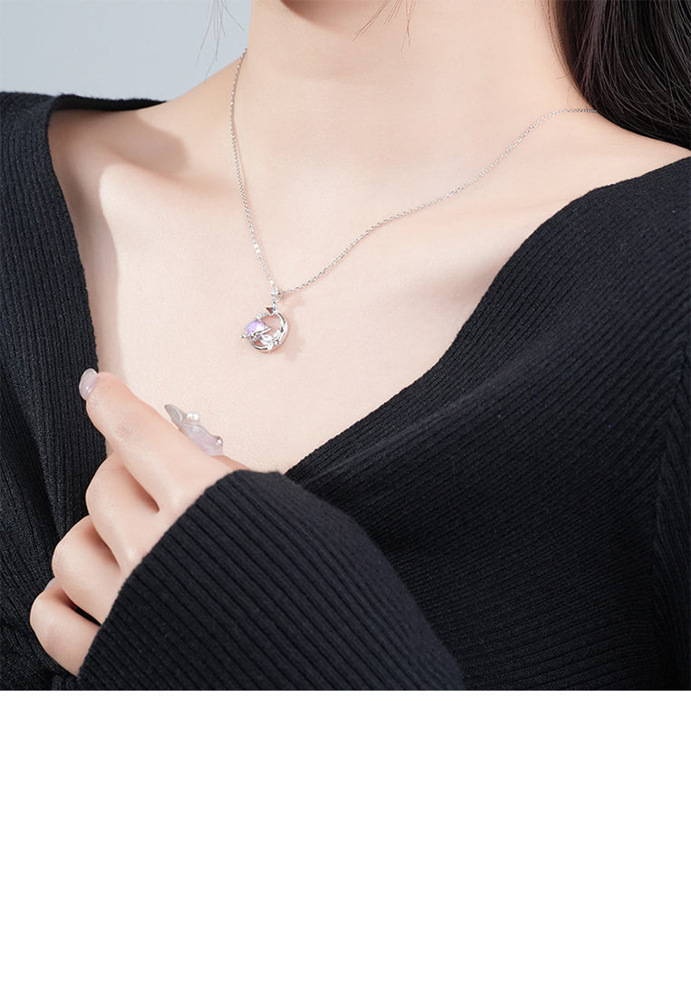 925 Sterling Silver Fashion Creative Purple Planet Butterfly Pendant with Cubic Zirconia and Necklace - Luxurious Look