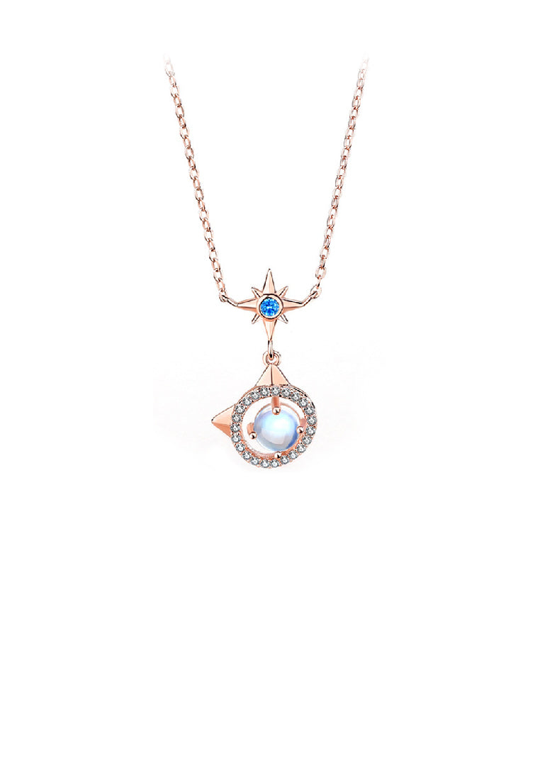 925 Sterling Silver Plated Rose Gold Fashion Cute Cat Moonstone Star Pendant with Cubic Zirconia and Necklace - Luxurious Look