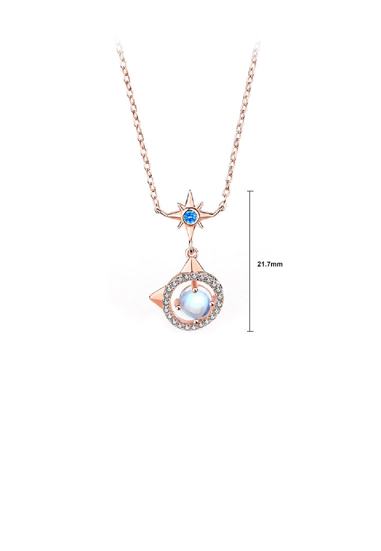 925 Sterling Silver Plated Rose Gold Fashion Cute Cat Moonstone Star Pendant with Cubic Zirconia and Necklace - Luxurious Look