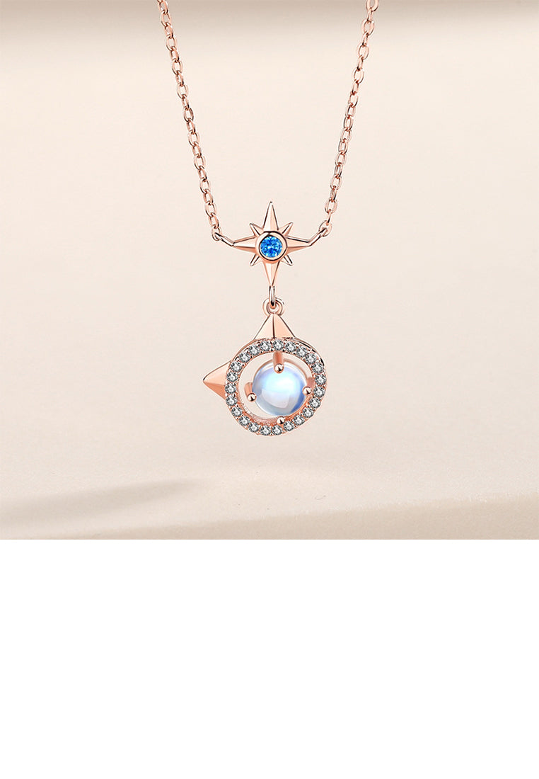 925 Sterling Silver Plated Rose Gold Fashion Cute Cat Moonstone Star Pendant with Cubic Zirconia and Necklace - Luxurious Look