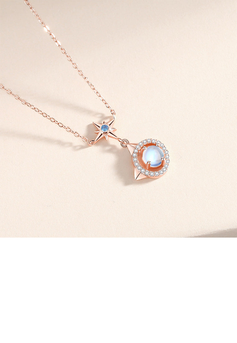 925 Sterling Silver Plated Rose Gold Fashion Cute Cat Moonstone Star Pendant with Cubic Zirconia and Necklace - Luxurious Look