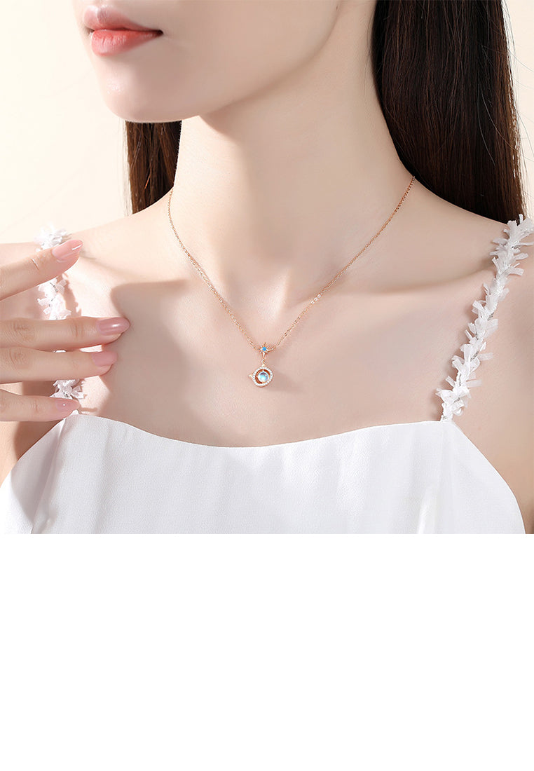 925 Sterling Silver Plated Rose Gold Fashion Cute Cat Moonstone Star Pendant with Cubic Zirconia and Necklace - Luxurious Look