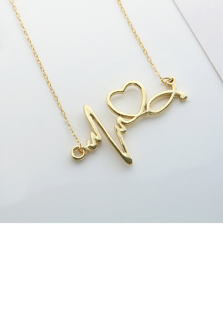925 Sterling Silver Plated Gold Fashion Temperament ECG Hollow Heart Pendant with Necklace