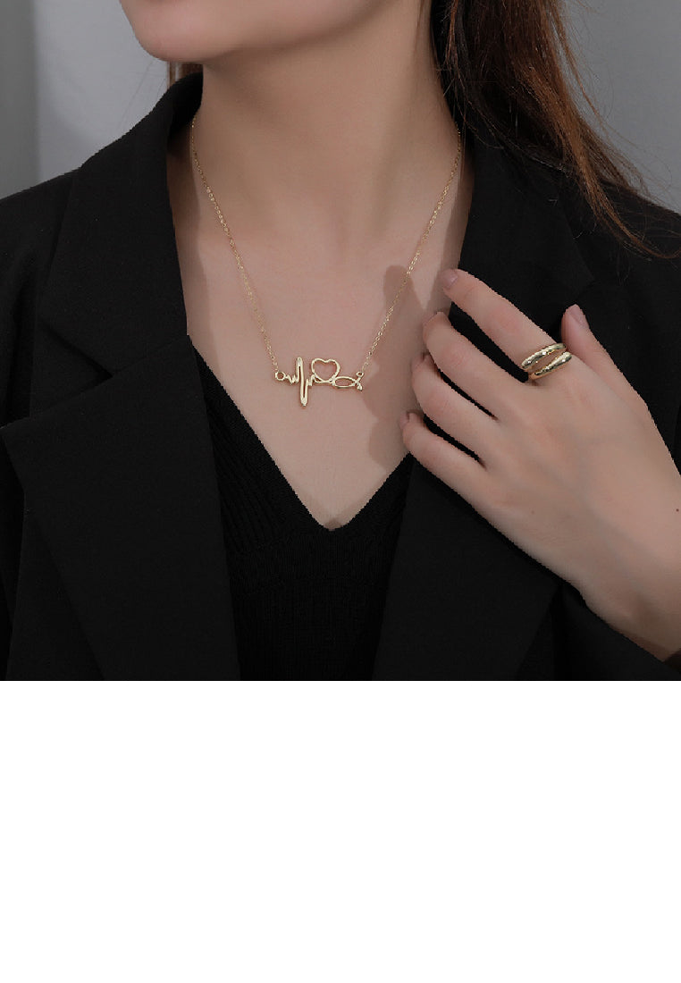 925 Sterling Silver Plated Gold Fashion Temperament ECG Hollow Heart Pendant with Necklace