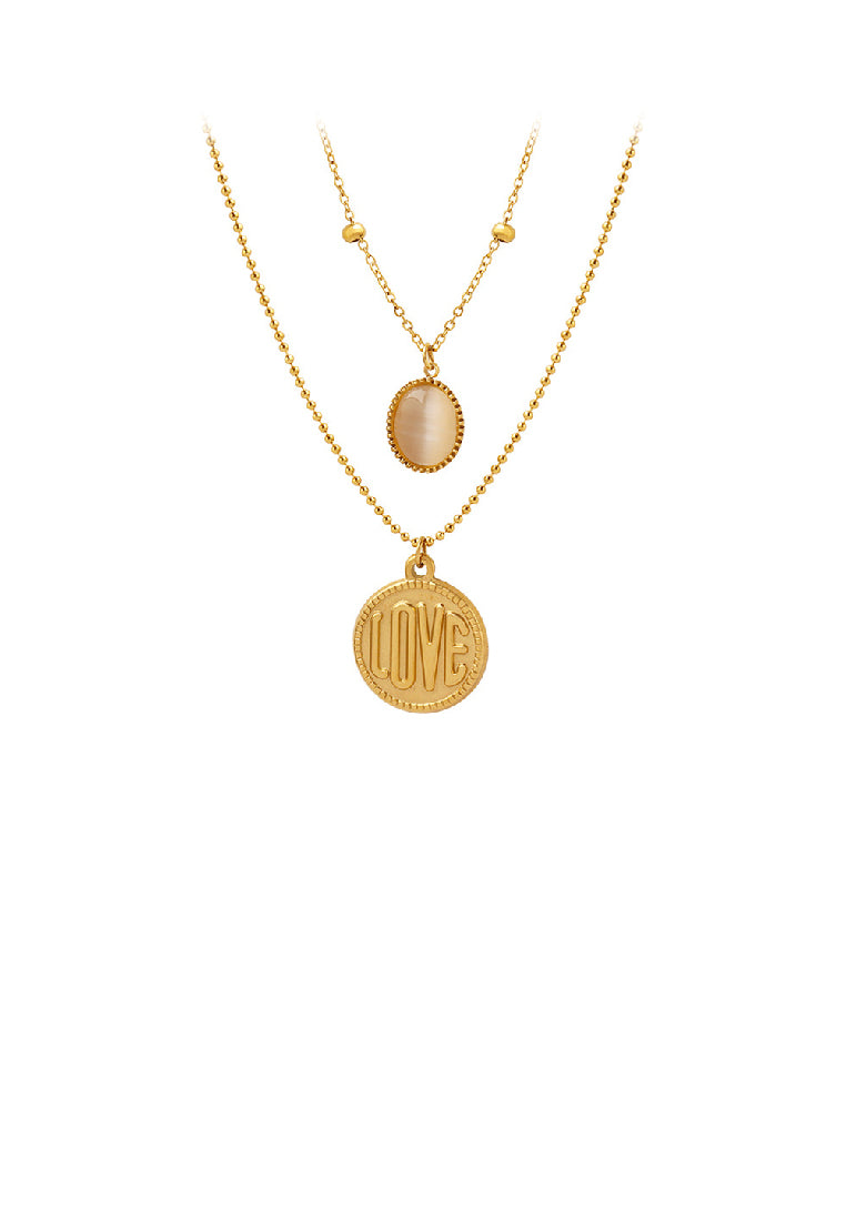 Fashion Simple Plated Gold 316L Stainless Steel LOVE Geometric Round Opal Pendant with Double Layer Necklace