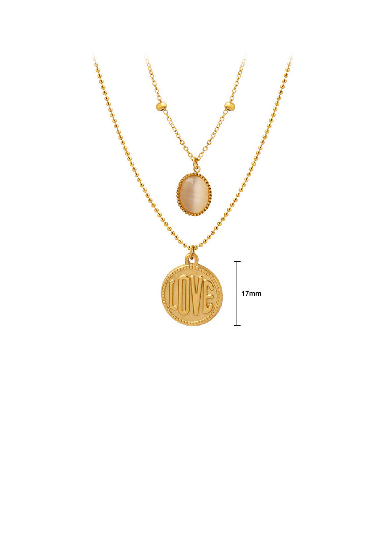Fashion Simple Plated Gold 316L Stainless Steel LOVE Geometric Round Opal Pendant with Double Layer Necklace