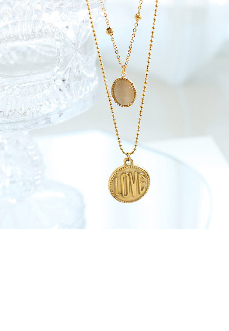 Fashion Simple Plated Gold 316L Stainless Steel LOVE Geometric Round Opal Pendant with Double Layer Necklace