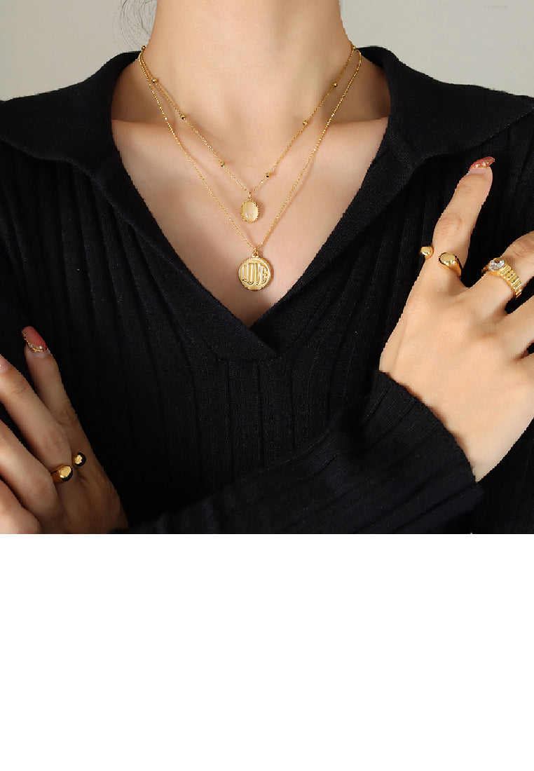 Fashion Simple Plated Gold 316L Stainless Steel LOVE Geometric Round Opal Pendant with Double Layer Necklace