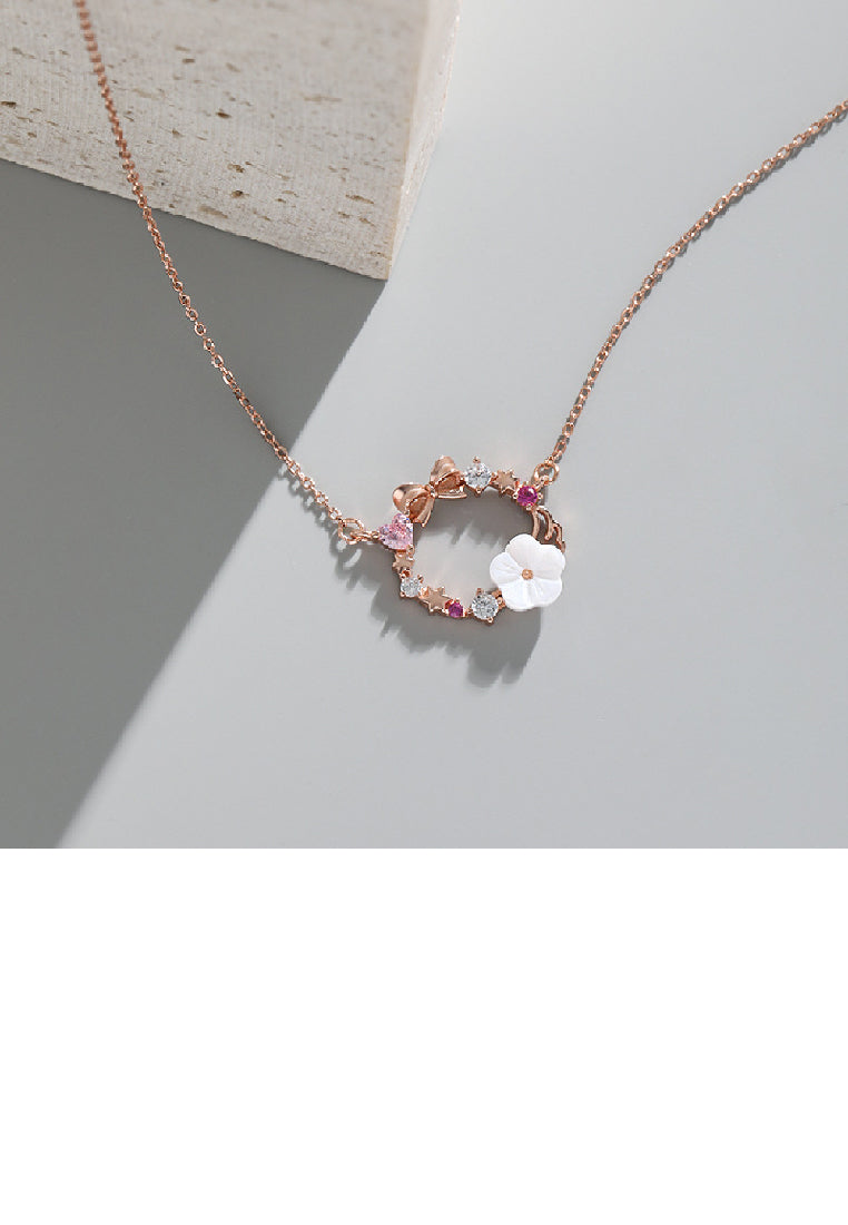 925 Sterling Silver Plated Rose Gold Fashion Temperament Ribbon Flower Pendant with Cubic Zirconia and Necklace - Luxurious Look