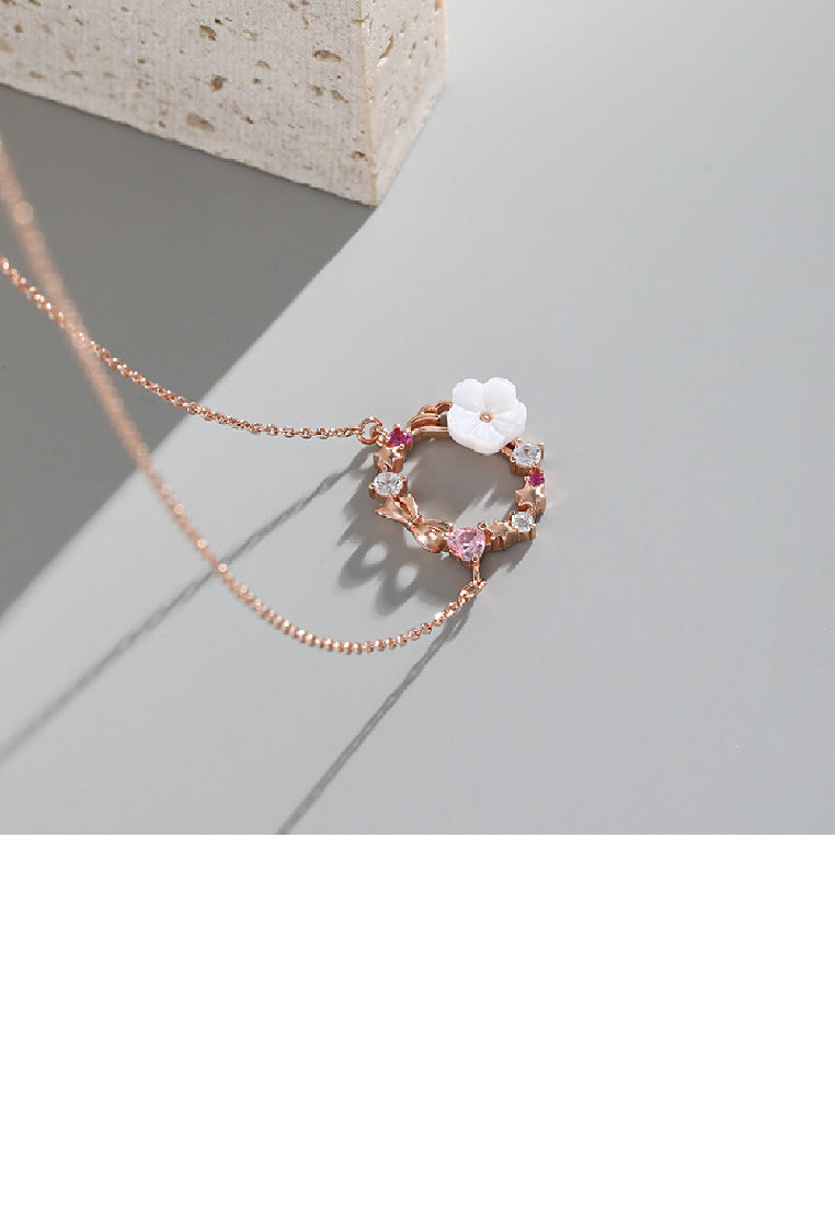 925 Sterling Silver Plated Rose Gold Fashion Temperament Ribbon Flower Pendant with Cubic Zirconia and Necklace - Luxurious Look