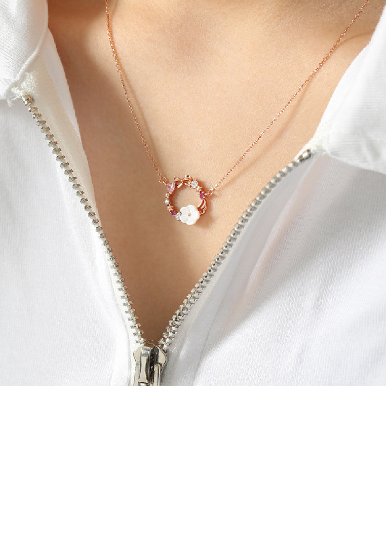 925 Sterling Silver Plated Rose Gold Fashion Temperament Ribbon Flower Pendant with Cubic Zirconia and Necklace - Luxurious Look