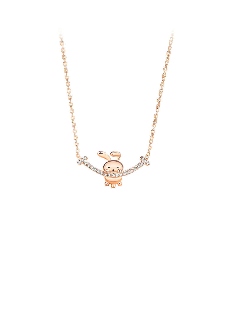 925 Sterling Silver Plated Rose Gold Fashion Cute Smiling Rabbit Pendant with Cubic Zirconia and Necklace - Luxurious Look