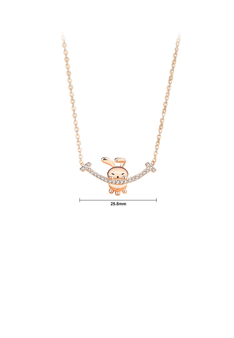925 Sterling Silver Plated Rose Gold Fashion Cute Smiling Rabbit Pendant with Cubic Zirconia and Necklace - Luxurious Look
