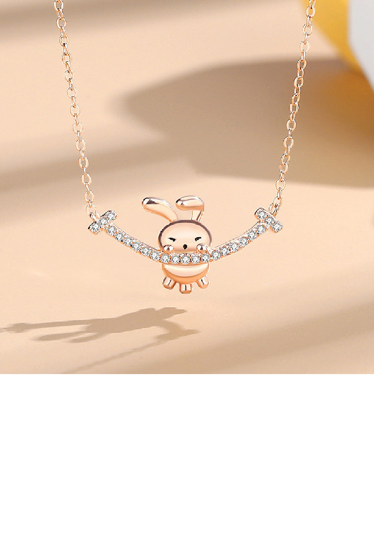 925 Sterling Silver Plated Rose Gold Fashion Cute Smiling Rabbit Pendant with Cubic Zirconia and Necklace - Luxurious Look