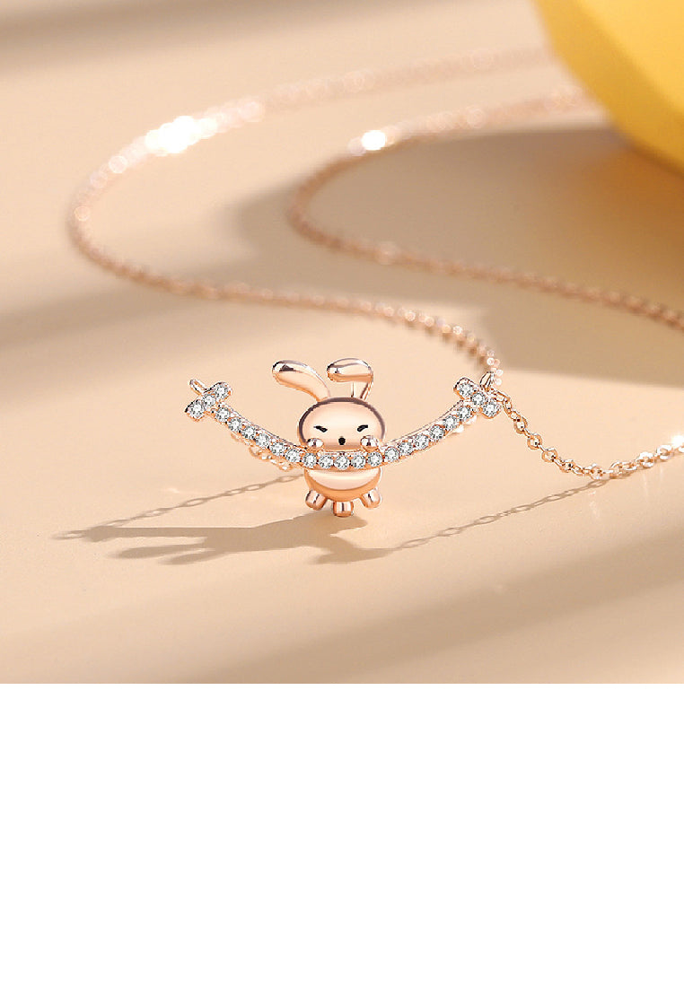 925 Sterling Silver Plated Rose Gold Fashion Cute Smiling Rabbit Pendant with Cubic Zirconia and Necklace - Luxurious Look