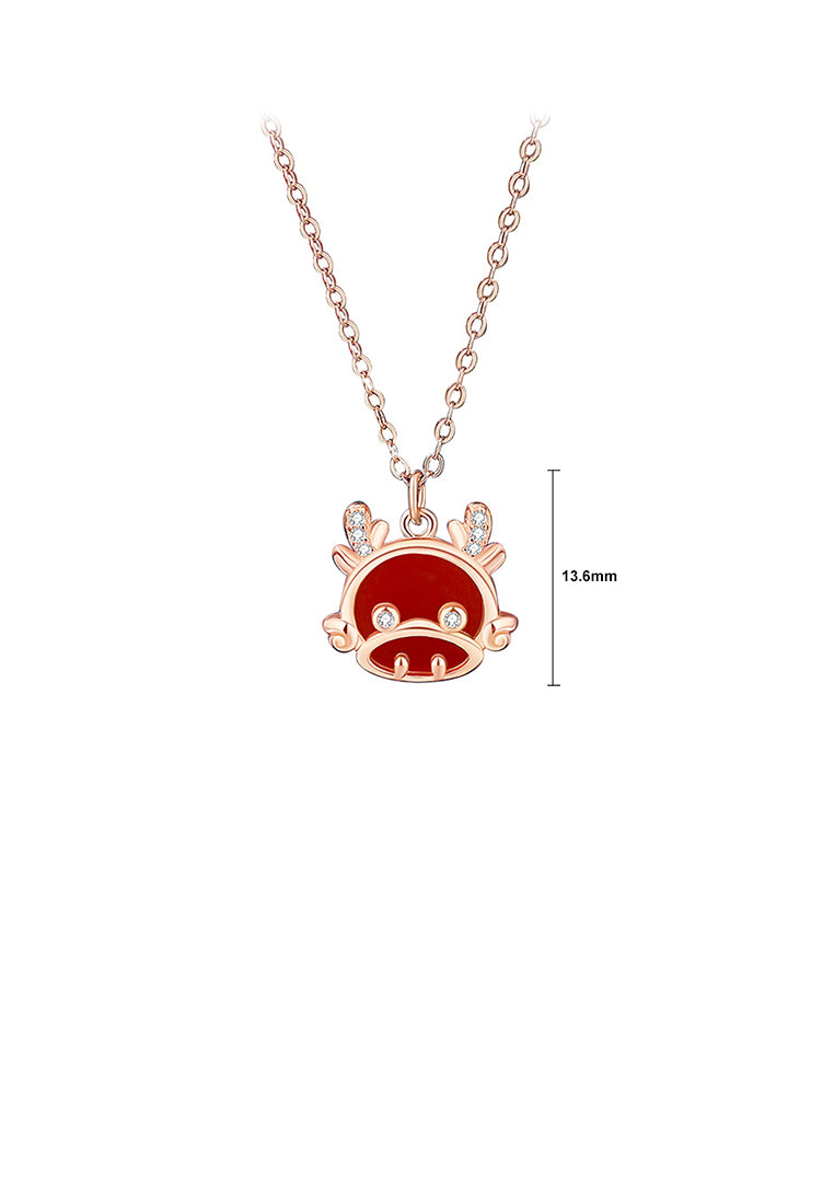925 Sterling Silver Plated Gold Fashion and Cute Zodiac Dragon Imitation Agate Pendant with Cubic Zirconia and Necklace - Luxurious Look