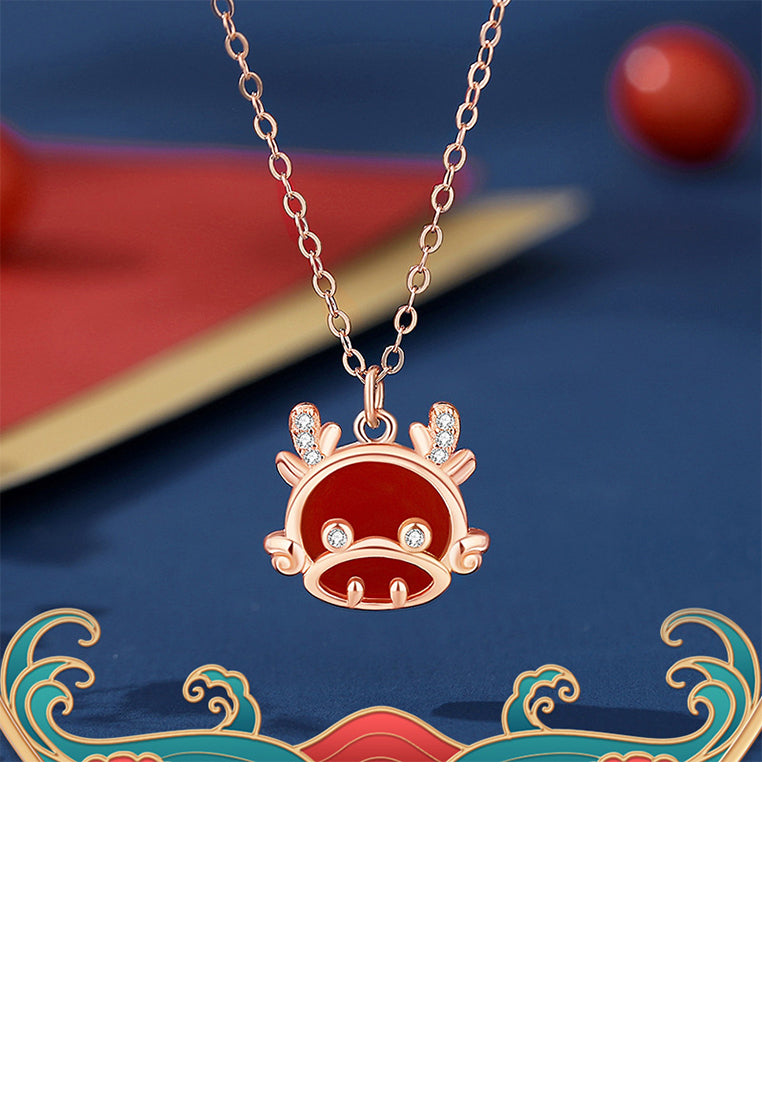 925 Sterling Silver Plated Gold Fashion and Cute Zodiac Dragon Imitation Agate Pendant with Cubic Zirconia and Necklace - Luxurious Look
