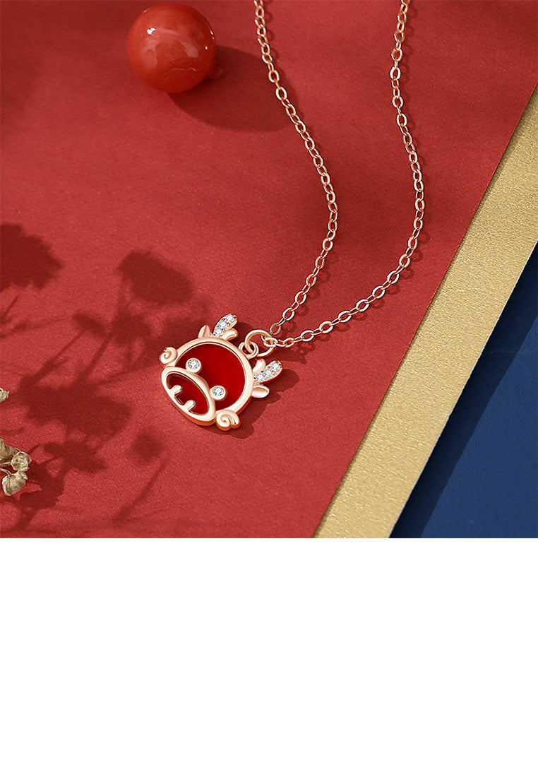 925 Sterling Silver Plated Gold Fashion and Cute Zodiac Dragon Imitation Agate Pendant with Cubic Zirconia and Necklace - Luxurious Look