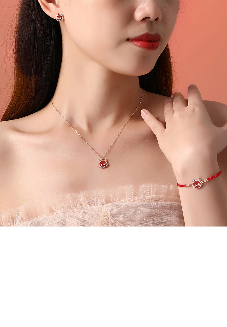 925 Sterling Silver Plated Gold Fashion and Cute Zodiac Dragon Imitation Agate Pendant with Cubic Zirconia and Necklace - Luxurious Look